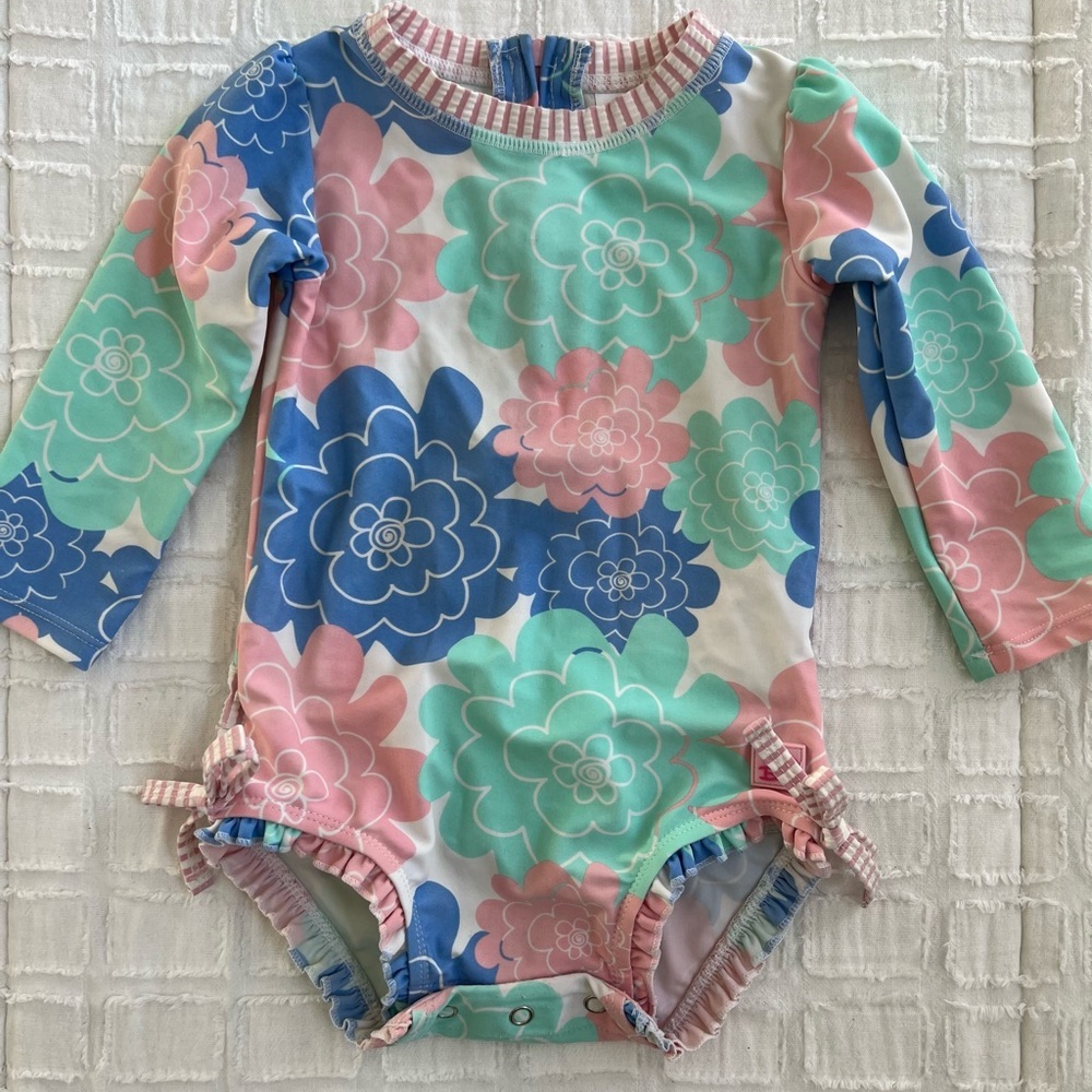 Ruffle Butts Long Sleeve One Piece Rash Guard Swim Suit Floral Print 12-18 M